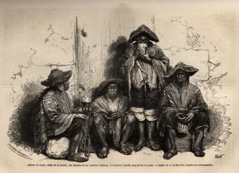 Indiani di Cuzco (Perù), vestiti con la manta, sandali e sombrero tradizionale, impiegati come manodopera per lo sfruttamento dei depositi di guano nelle Isole Chincha, bevendo shisha, ma brandy fermentato. Incisione per illustrare Les iles Chincha, raccon