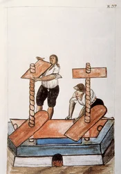 Indiani che stirano il lino, dal libro "Trujillo del Peru" o "Codice Martínez Compañón", di Baltazar Martinez Compañón y Bujanda, vescovo di Trujillo (1782-1785)
