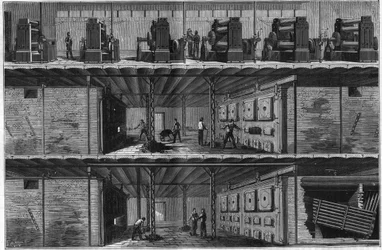 Installazione di caldaie e dinamo a vapore presso la Stazione di Distribuzione Elettrica Centrale (Sistema Edison) a New York nel 1884