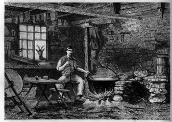 Interno di una fabbrica di formaggio nei Vosgi. Incisione in "Le journal de la jeunesse"