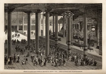 Vista interna di un grande tempio buddista, appartenente al Taikoun (sovrano temporale del Giappone) a Yedo (o Edo, capitale imperiale, odierna Tokyo). Incisione per illustrare il viaggio in Giappone, nel 1863-1864, di Aime Humbert, ministro della Confeder