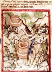 Isacco scava pozzi nella valle di Guerar e i pastori della valle lo cercano per litigare Miniatura dal codice 212 (o codice padovano o Bibbia di Padova) 1390-1400 Rovigo, Accademia dei Concordi