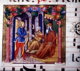 Isacco invita Esaù a cacciare. Manoscritto del XV secolo. Antifonario del XV secolo. Biblioteca di Lodi