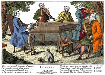 Concerto italiano (musica barocca) con 1. Scarlatti (clavicembalo) - 2. Giuseppe Tartini (violino) - 3. Padre Martini (flauto) - 4. Locatelli (violino) - 5. Lanzetti (viola) - 6. Gatto cantante. Incisione del XVIII secolo