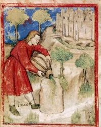 Giacobbe versò olio sulla pietra che gli era servita da cuscino Miniatura dal codice 212 (o padovano o Bibbia di Padova) 1390-1400 Rovigo, Accademia dei Concordi