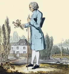 Jean-Jacques Rousseau (1712-78) che raccoglie erbe a Ermenonville, giugno 1778 - Rappresentazione del filosofo Jean Jacques Rousseau (1712-1778) che raccoglie fiori a Ermenonville