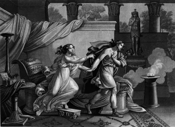 Giuseppe fugge dalla moglie di Putifarre che cerca di sedurlo. Litografia del XIX secolo