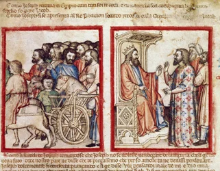 Giuseppe a sinistra al funerale di suo padre, segue il Faraone Miniatura dal codice 212 (o codice padovano o Bibbia di Padova)