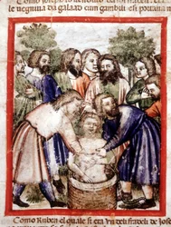 Giuseppe venduto dai suoi fratelli e gettato nel pozzo. Miniatura dal codice 212 (o codice padovano o Bibbia di Padova) 1390-1400 Rovigo, Accademia dei Concordi