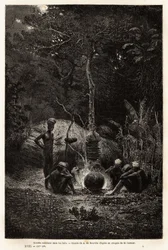 Kanak che cucinano nei boschi, nel territorio di Pamale. Incisione per illustrare il viaggio in Nuova Caledonia, di Jules Garnier, ingegnere civile delle miniere, nel 1863-1866, pubblicato in 