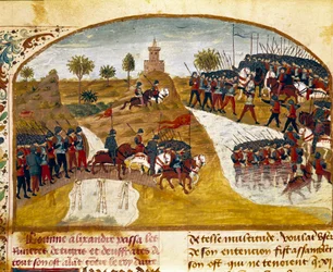 Il re Alessandro Magno (356-323 a.C.) e il suo esercito attraversano il Tigri e l