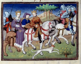 Re Filippo VI di Valois e la Regina Bianca di Navarra (?) Partenza per la caccia
