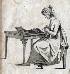 Macchina per maglieria: donna impegnata a lavorare a maglia (maglieria). Incisione fine XVIII secolo. Collezione privata.