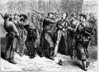 La Comune di Parigi nel 1871. Arresto di un refrattario da parte di una truppa di federati