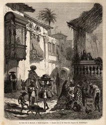 La casa de la Merced (ora Mercy Street) a Saint Augustine, la città più antica degli Stati Uniti (Stati Uniti), fondata dagli spagnoli nel 1565; strada principale della città, piccola e popolosa, con vari animali e un singolare miscuglio di vari tipi ameri