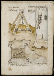Macchina a leva e sistema per scalare una torre usando una corda - Manoscritto: foglio di pergamena di un manuale di ingegneria per la costruzione di edifici civili, religiosi e militari, anonimo, fine XV secolo