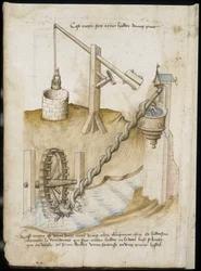 Sistemi a leva per pozzi e approvvigionamento idrico con ruota a vite - Manoscritto: foglio di pergamena di un manuale di ingegneria per la costruzione di edifici civili, religiosi e militari, anonimo, fine XV secolo