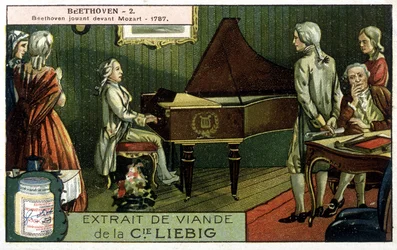 Cromolitografia Liebig. Ludwig van Beethoven (1770-1827) suona davanti a Wolfgang Amadeus Mozart (1756-1791). Qui nel 1787