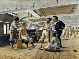 Vita a bordo di una nave da guerra francese: il barbiere della nave rade i marinai, c.1800