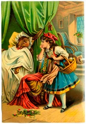 Cappuccetto Rosso scopre il lupo nel letto della nonna (Cromolitografia fine XIX secolo)