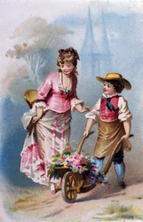 Piccolo giardiniere: un giovane ragazzo con una carriola piena di fiori parla con una giovane donna sulla strada per un villaggio. Cromolitografia 1880