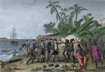 Louis Antoine (Louis-Antoine) di Bougainville, navigatore francese (1729-1811), si rivolge alle isole delle Marchesi a Tahiti, 6 aprile