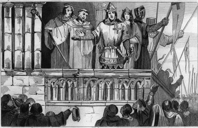 Luigi VII (1120-80) il Giovane raccoglie supporto per la Seconda Crociata nel 1144 - Luigi VII intraprende la 2ª Crociata su consiglio di San Bernardo di Chiaravalle - Incisione 1825 in "Histoire de France rappresentata da sinottici"