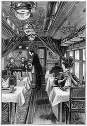 Treni di lusso in Europa: vista interna di un vagone ristorante. Incisione in 