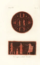 Lisandro e Agesilao II di Sparta (in alto) ed Ercole in pelle di leone con clava a un sacrificio con Deifobo, re di Amiclea in Laconia, e sua moglie (in basso)