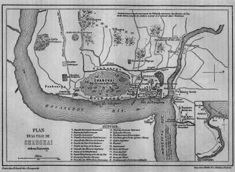 Mappa della città di Shanghai nel 1860, vista della città vecchia cinese e delle concessioni straniere nel 1860. Carta in 