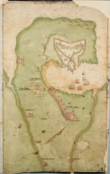 Mappa di Smerwick, Irlanda, che mostra il terrapieno inglese con due cannoni per attaccare il forte spagnolo e soldati inglesi che marciano fuori da Castell More