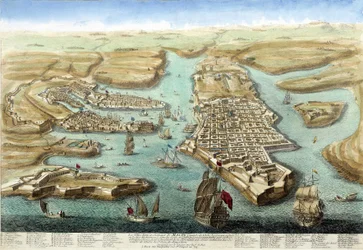 Mappa del porto di Malta, delle sue fortificazioni e del castello. Incisione del XVIII secolo