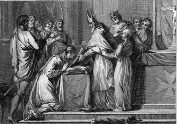 Matrimonio di Sigeberto I (535-575), Re di Austrasia e Brunehaut (o Brunechilde, 543-613), 566. Incisione del XVIII secolo