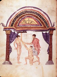 Medicina: riduzione di un gomito lussato, il paziente è appeso per il braccio (manoscritto)
