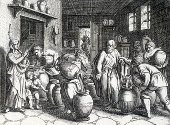 Miracolo di Eliseo, profeta biblico e discepolo di Elia che, con il suo mantello, gli trasmette il suo spirito e i suoi poteri. Incisione del 1724.