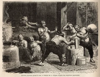 Mitrons che pestano il riso, prima che venga fermentato per fare la birra di riso. Incisione per illustrare il viaggio in Giappone, di Aime Humbert, ministro della Confederazione Svizzera, nel 1863-1864, pubblicato in "Le tour du monde" 1869, edito da Edou