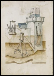 Sistema di passaggio del fossato a leva - Manoscritto: foglio di pergamena di un manuale di ingegneria per la costruzione di edifici civili, religiosi e militari, anonimo, fine XV secolo