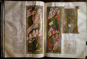 Mosè riceve le tavole della legge. Doppia pagina del manoscritto "Gebhardt Bibel" (Admont) (f.68v., 69r) 12° secolo Vienna, Osterreischische Nationalbibliothek