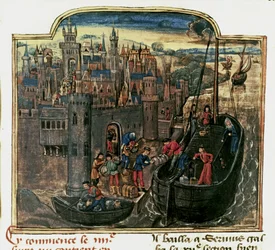 NAVIGAZIONE: Caricamento di una nave mercantile, fine XV secolo (miniatura)