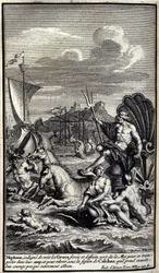 Nettuno, indignato nel vedere le forze e le imprese dei Greci, lascia il mare per trasportarsi nel loro campo e per risollevare, sotto la figura di Calcante che poi assume, il loro coraggio quasi completamente distrutto. Illustrazione del libro XIII dell