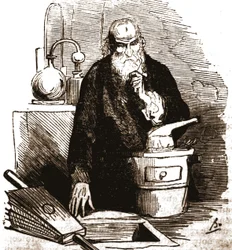 Nicolas Flamel (1330 - 1418) nel suo laboratorio.