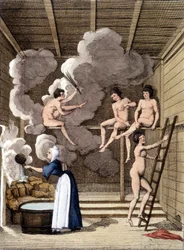 Figure nude in una sauna finlandese. Incisione del 1811 con un libro sul viaggio.