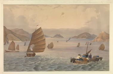 Operazioni nel fiume Canton. Forti e Batterie della Bocca Tigris o Primo Passo del fiume Canton; H.M. Steam Ship, Vulture Capitano Macdougall che passa le Batterie, con a bordo il 18° Royal Irish