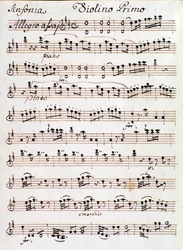 Pagina della partitura per il primo violino della Sinfonia n. 4 in re, di Mozart (1765)