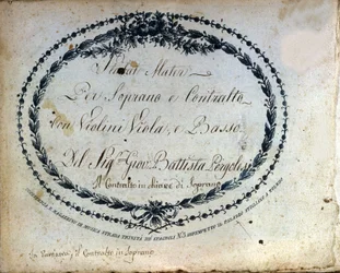 Partitura dello "Stabat Mater" di Giovanni Battista Pergolesi (1710-1736). "Stabat Mater per soprano e contralto con violini, viola e basso"
