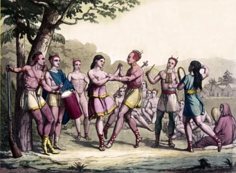 Scena di festa tra gli indiani Irochesi. Incisione del 17° secolo.
