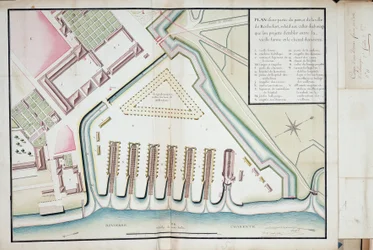 Piano di parte del porto e della città di Rochefort relativo alle proposte di binari di spiaggiamento tra la vecchia forma e il canale alimentare