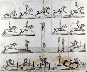 Tavola di 19 stampe raffiguranti le prodezze del voltigeur inglese Mr Price. Circa 1790.