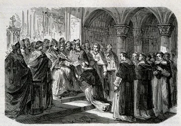 Papa Adriano II (792-872) consegnò a uno dei suoi legati una bolla di scomunica contro il Signore Normanno. Incisione - in "Storia dei Papi", sd. XIX secolo