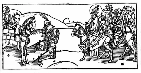 Papa Leone I incontra Attila e lo ferma - Incisione da “Leben der Heiligen - sommerteil” (Il libro dei santi) di Jacobus da Varagine (1228-1298). Lubecca 1488